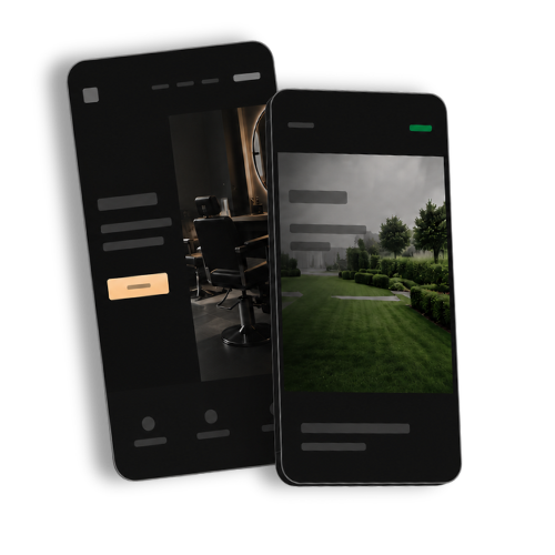 Two phones showing website designs built for a barber shop and a landscaping company