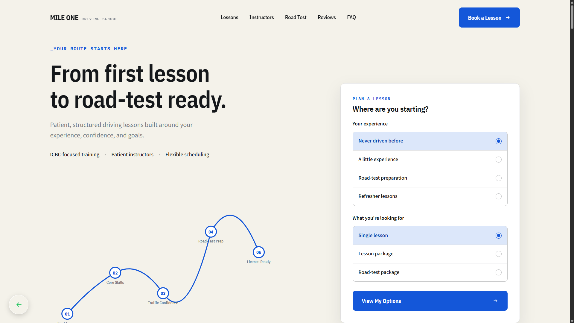 Screenshot of the Mile One Driving School demo website