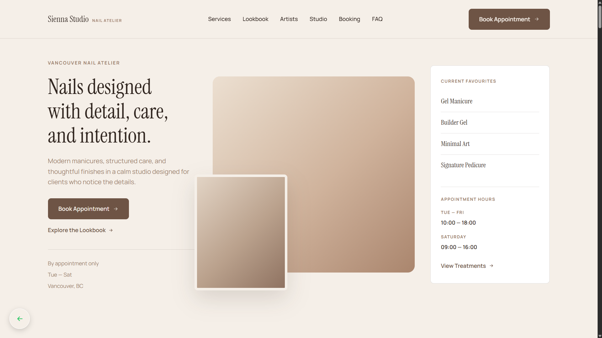 Screenshot of the Sienna Studio — Nail Atelier demo website
